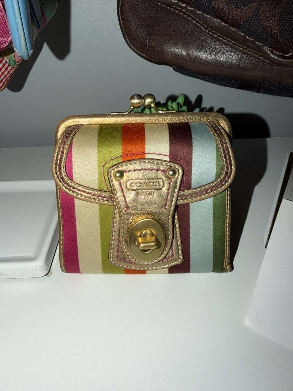 Coach Legacy Striped Kisslock Wallet Multicolored Silk Leather